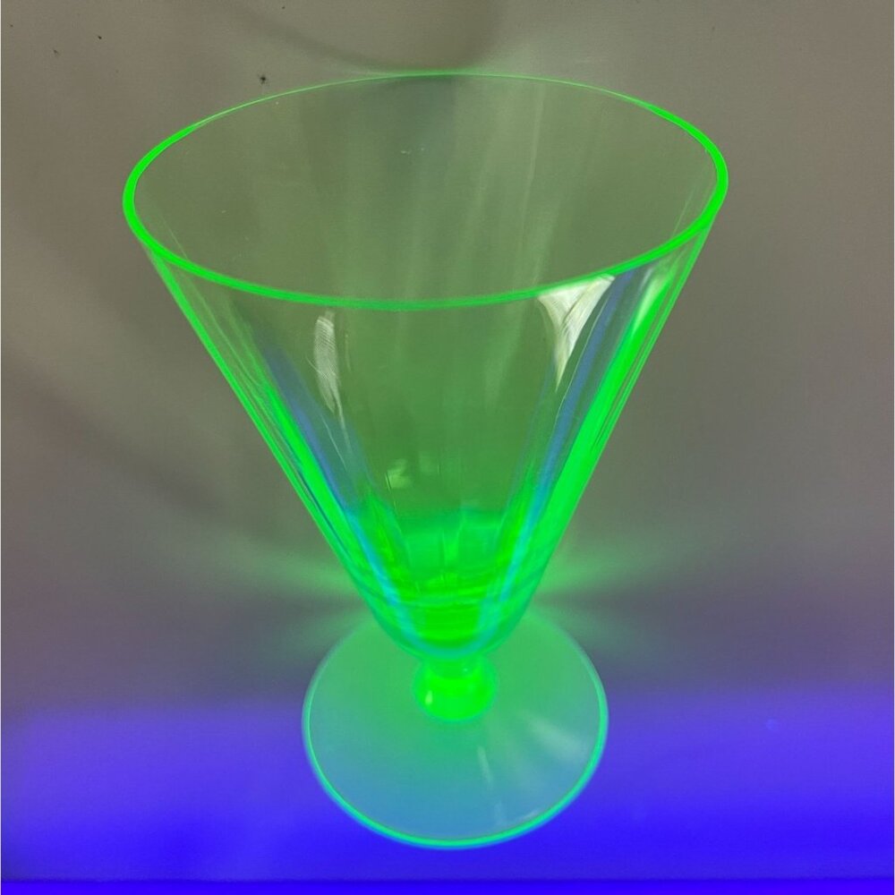 Green Uranium Glass Tumbler Glows Under UV Footed Flared Optic Depression Vintag